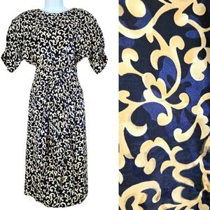NWOT Maggy London blue & gold vintage print fit & flare silk dress Womens 6